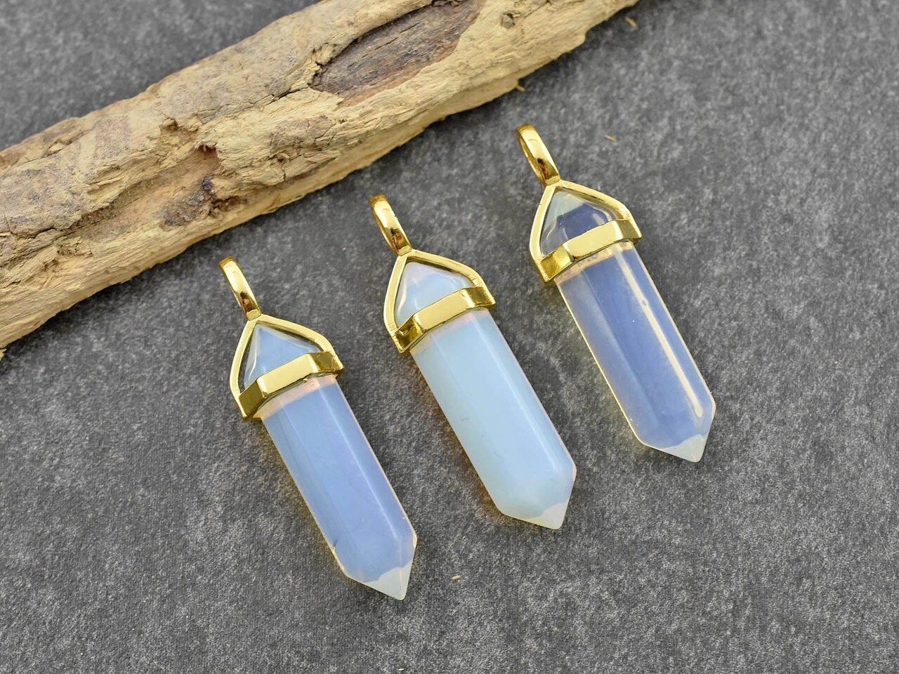 40mm Gold Tone Natural Opalite Double Terminated Bullet Pendant